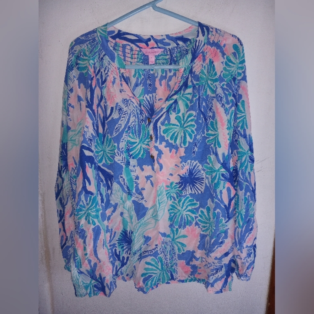 Lilly Pulitzer Elsa Top in Jet Stream Size Large 100% Silk